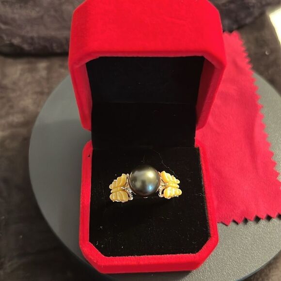 NWT TAHITIAN CULTURED PEARL 11-12mm, YELLOW MOTHER OF PEARL BUTTERFLY RING 10 - Picture 11 of 16